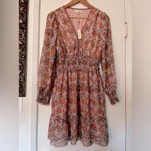 Max Studio Rose Print V-Neck Bishop Sleeve Dress NWT